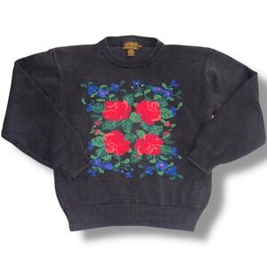 Eddie Bauer Vintage Womens M Sweater Crew Neck Rose Floral Knit Cotton Dark Gray